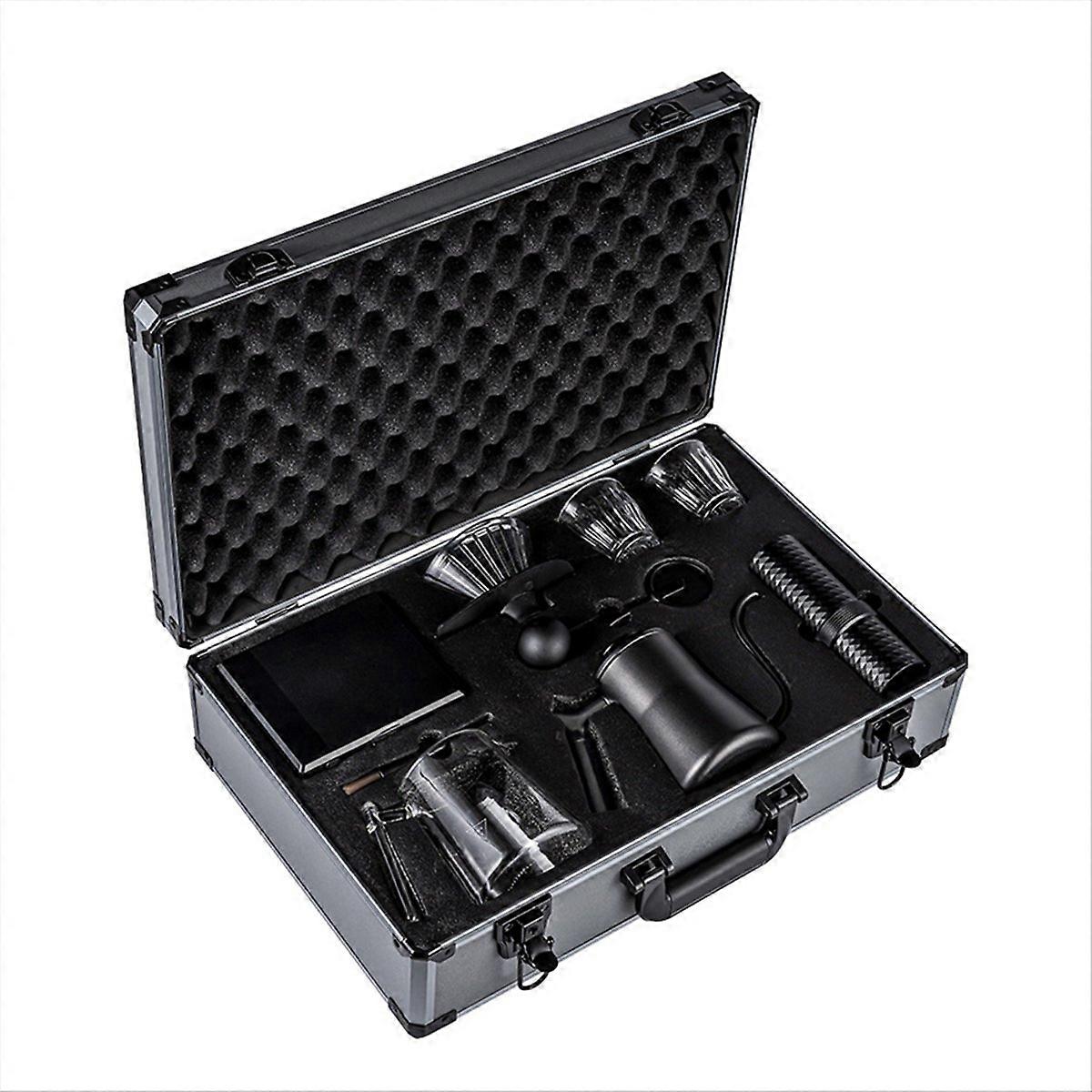 Filterkaffeemaschinen-set Mit Kaffeemaschine, Kaffeewaage, Filterbecher, Kaffeemühle Und Tragbarem Metallkoffer Für Camping – Das Ideale Geschenk Für Outdoor-aktivitäten.