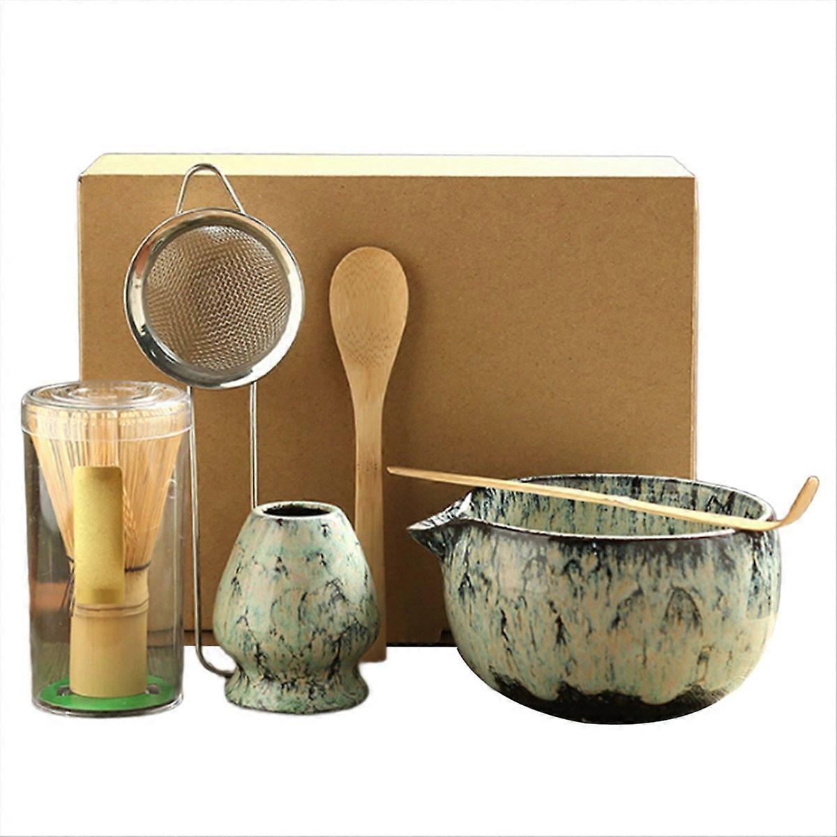 6-teiliges Japanisches Matcha-tee-set Bestehend Aus Einem Bambusbesen, Einem Teelöffel, Einer Matcha-schale Und Einem Besenständer. Farbe: Cyan.