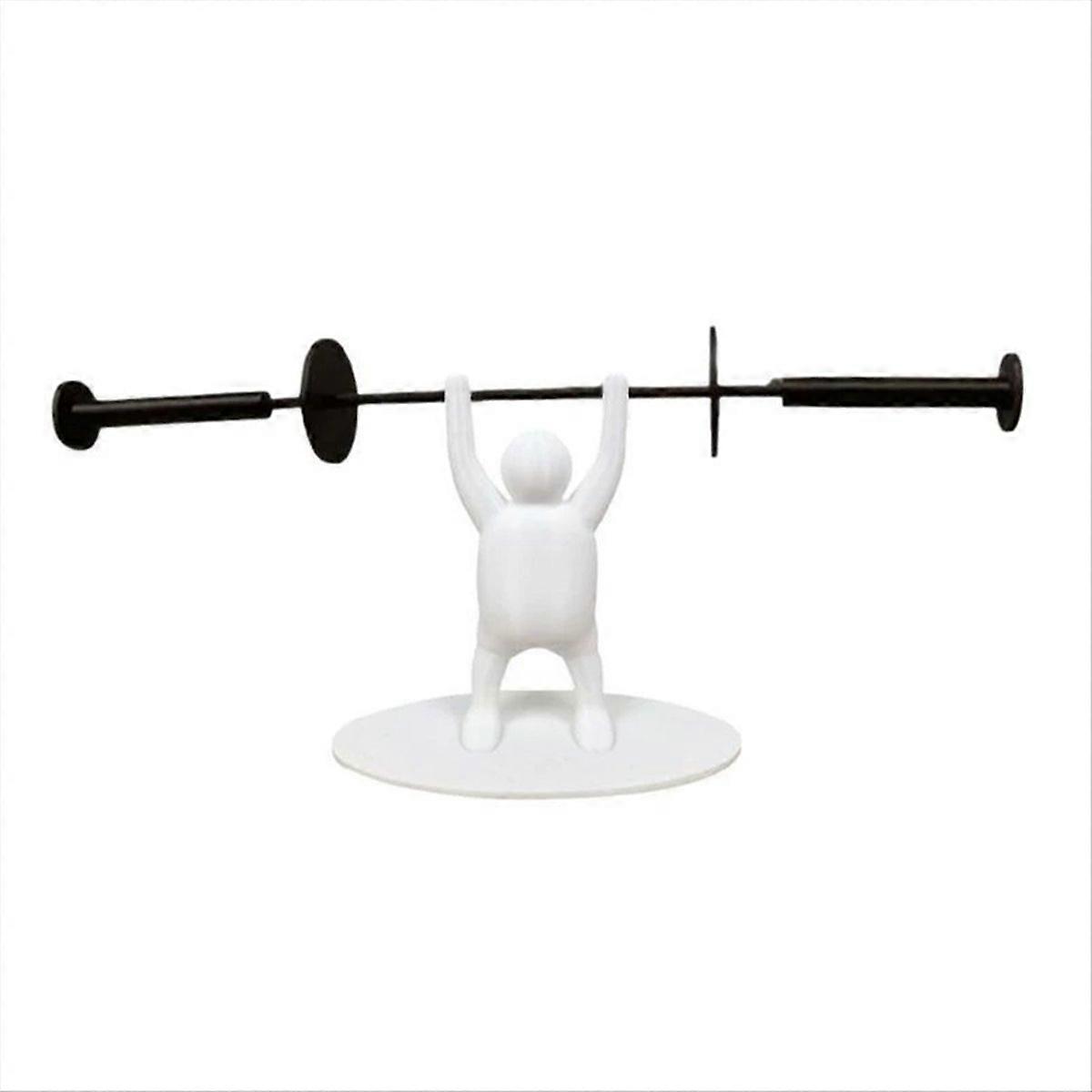Humorvoller Toilettenpapierhalter In Form Eines Gewichthebers, Ganz In Weiß, Kleine Figur + Schwarze Hantel