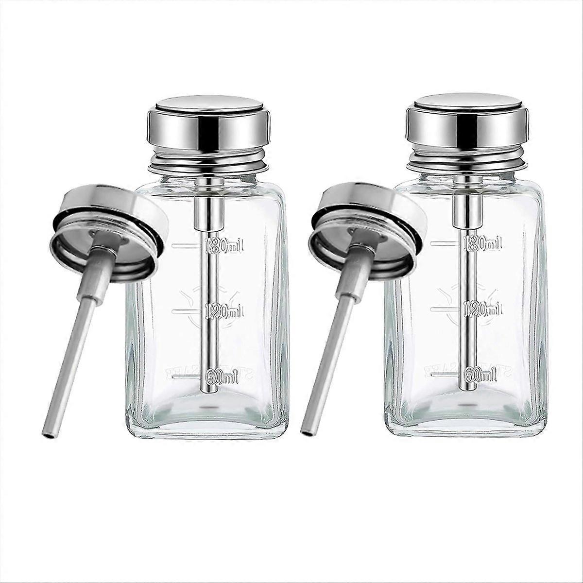 Set Aus 2 Transparenten 180-ml-pumpspenderflaschen Mit Metall-klappdeckel Und Aufsteckbarer Glasspenderflasche.