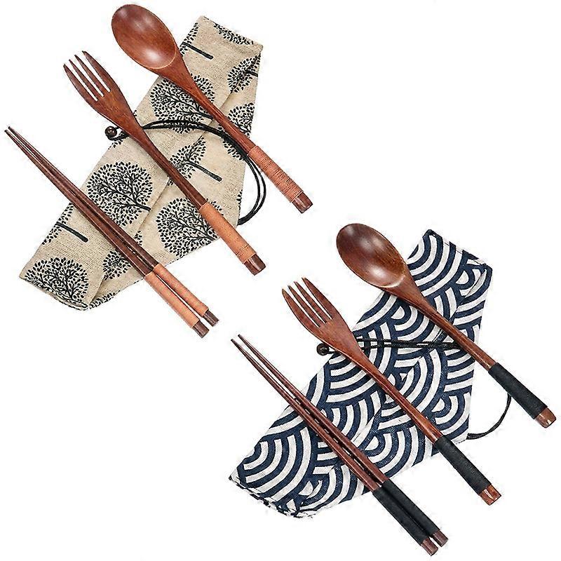 Set Aus 2 Wiederverwendbaren Reisebestecksets Aus Holz: Gabel, Löffel Und Essstäbchen.