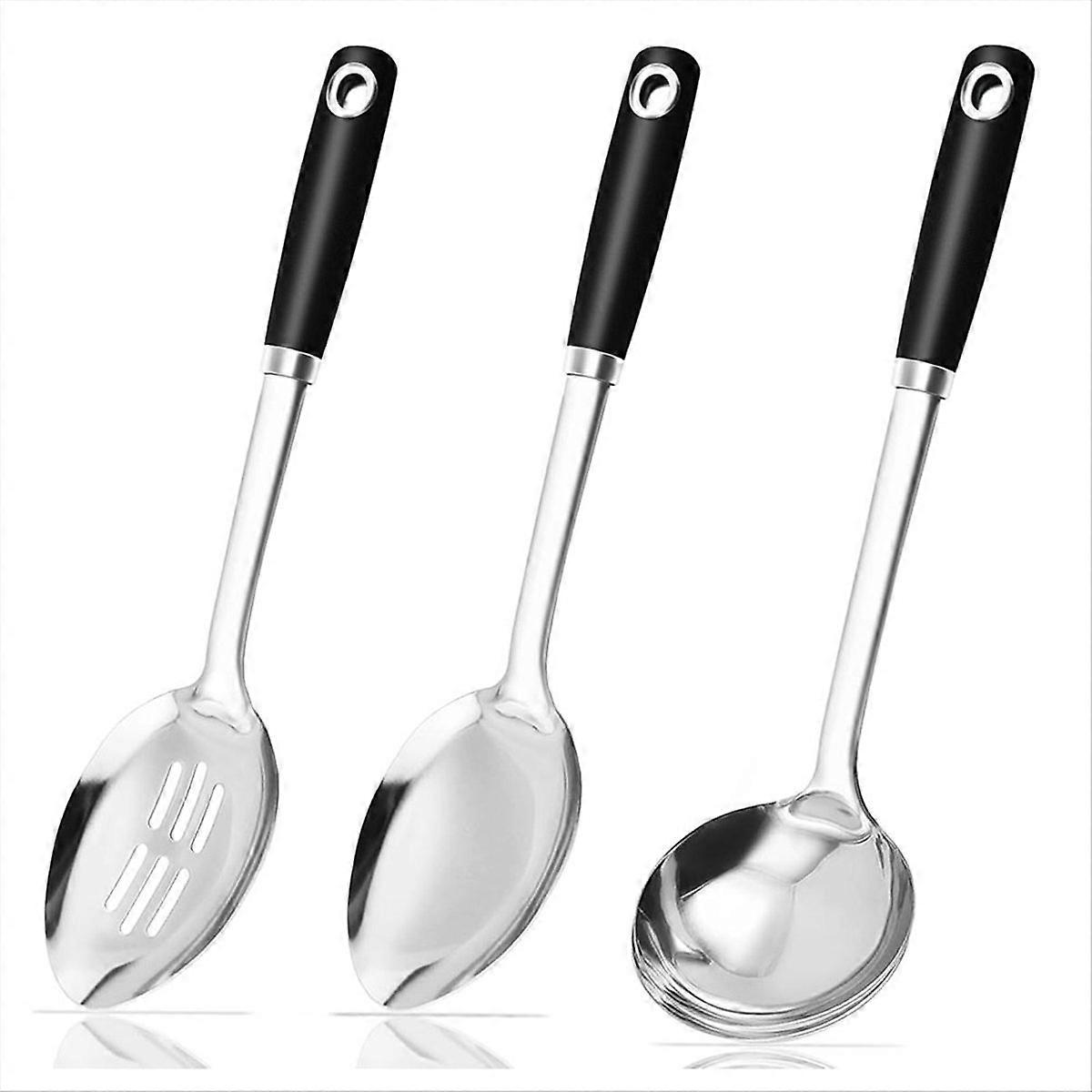 Set Aus 3 Küchenlöffeln, Bestehend Aus Einem Großen Servierlöffel, Einem Abtropflöffel, Einem Suppenlöffel Und Einer Schöpfkelle.