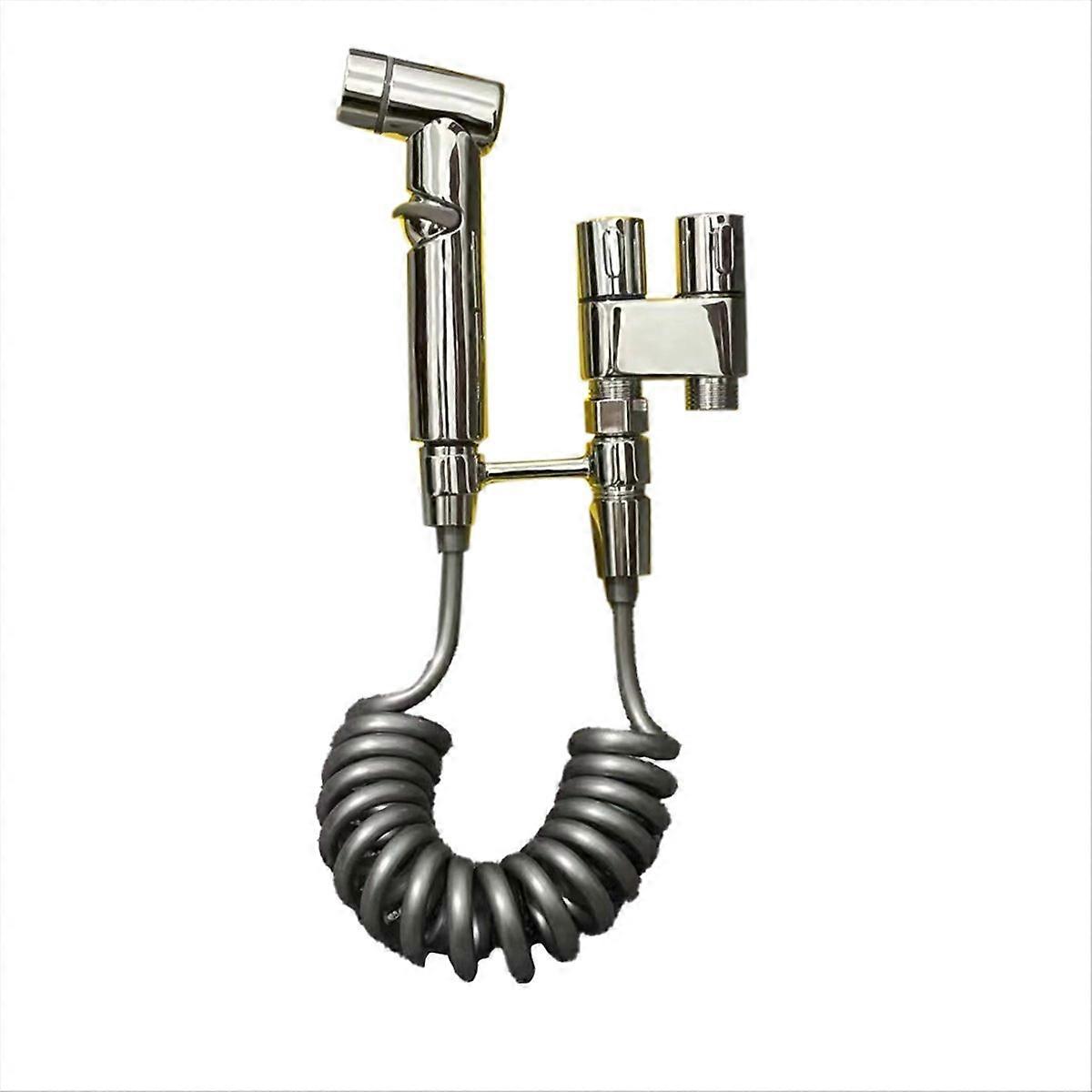 Tragbares Bidet Für Haushaltstoiletten, Edelstahl, Doppelauslauf, Eckarmatur, Druckspüldüse, Silber