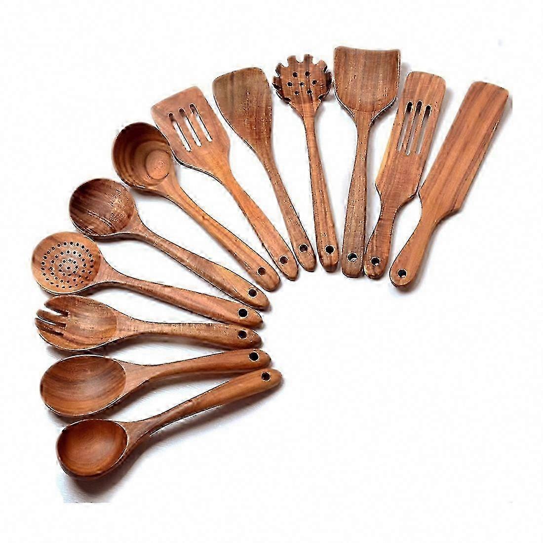 Set Aus 12 Küchenlöffeln Aus Holz, Küchenutensilien Mit Spateln, Praktisches Set Für Die Tägliche Küche.