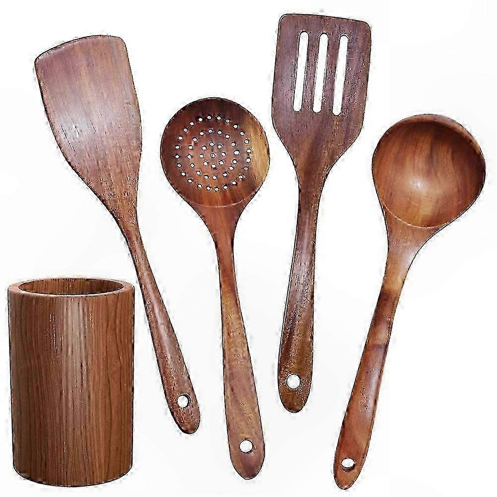 Besteckset Aus Naturholz Mit Antihaftbeschichtetem Topfhalter, Passenden Küchenutensilien, Komplettes 5-teiliges Set, Ergonomische Griffe, Ideal Für Kratzfreies Kochen.