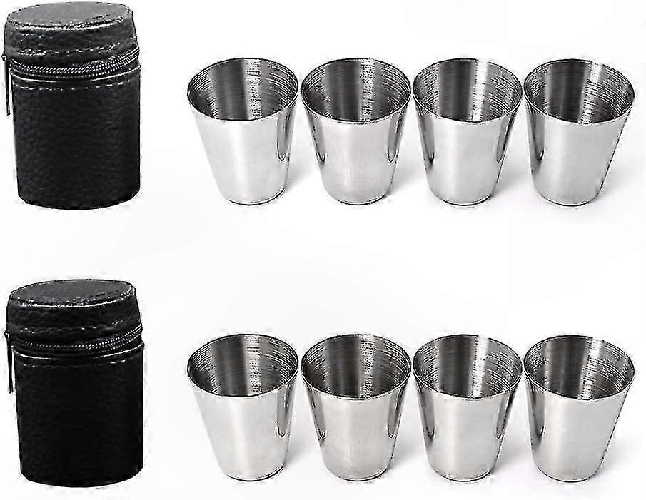 Set Mit 8 Edelstahlbechern In Lederetui, Robuste Schnapsgläser Aus Metall, Ideal Zum Verschenken
