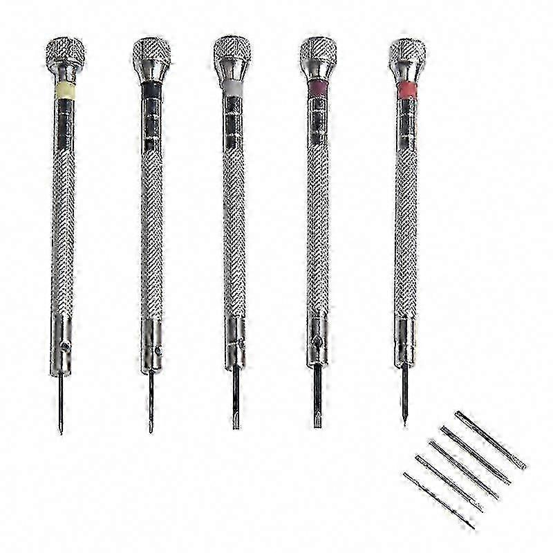 Set Aus 5 Uhrmacher- Und Juwelierschraubendrehern Mit Austauschbaren Spitzen, Präzisionsgriff, Praktischem Etui, Für Die Reparatur Von Uhren Und Brillen, Komplettes Set.