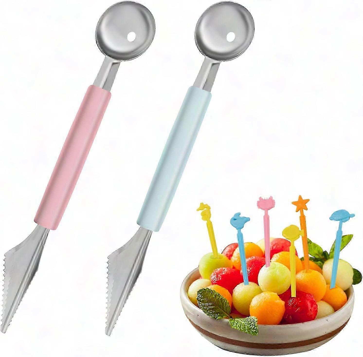 Melonenlöffel Mit Obstgabeln, 2er-set Edelstahl-löffel Im Pariser Stil Für Wassermelone, Melone, Cantaloupe-melone Und Eiscreme, 2-in-1-besteck