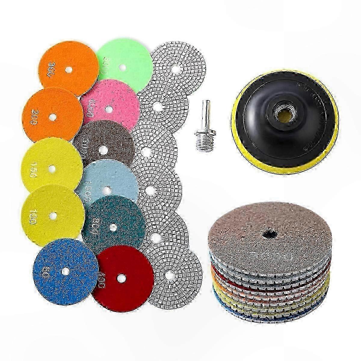 Set Aus 13 Diamantpolierscheiben, Körnung 50 Bis 8000, Für Nass- Und Trockenbearbeitung, Mit Stützteller Für Bohrmaschine, Schleifmaschine Und Steinpoliermaschine.