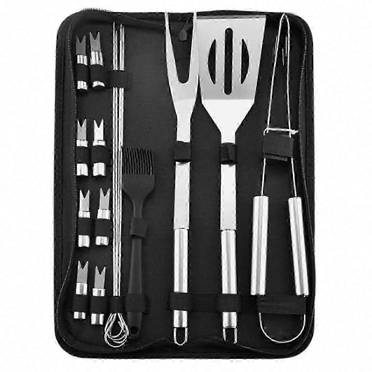 Set Mit 16 Grillutensilien Aus Edelstahl Für Grillabende Im Freien Und Picknicks.