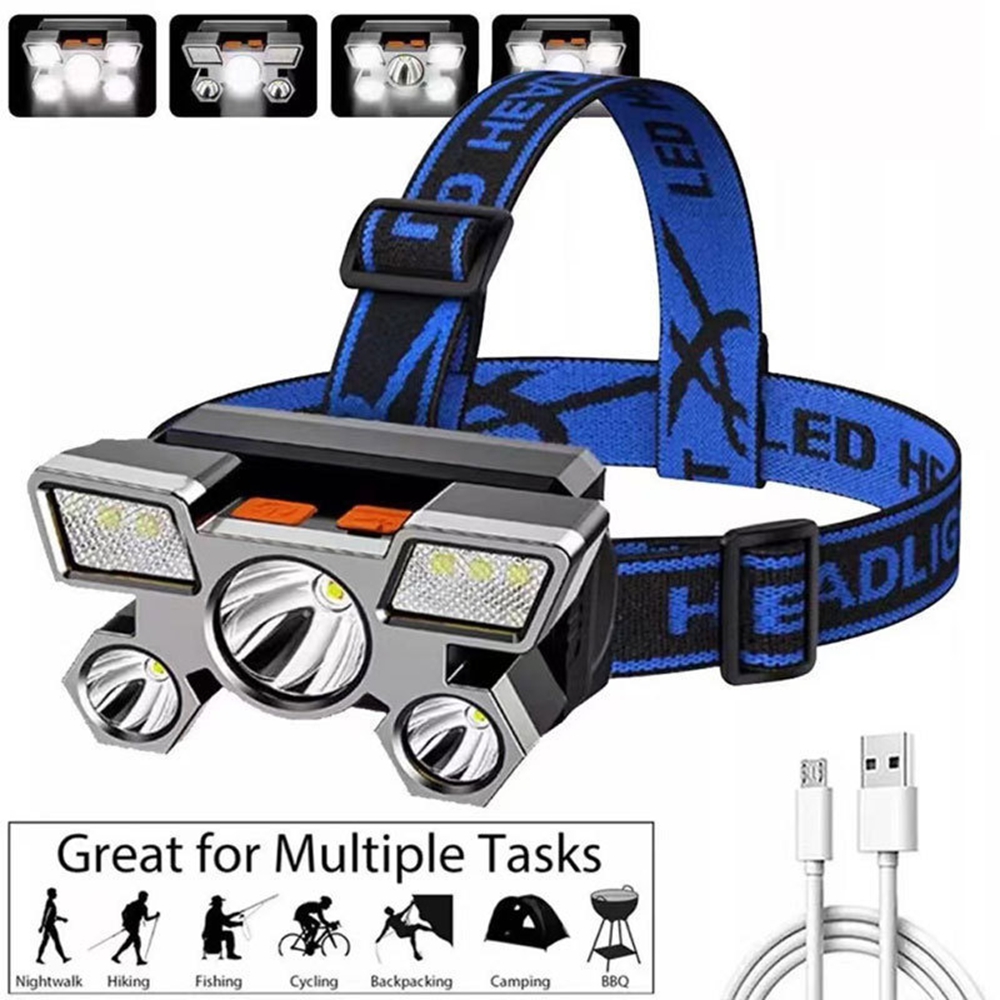 Leistungsstarke, Wiederaufladbare Led-stirnlampe, Wasserdichte Stirnlampe Mit Großer Reichweite, Outdoor-beleuchtung Zum Angeln, Wandern Und Campen, Blaues Stirnband, Silberner Lampenkopf