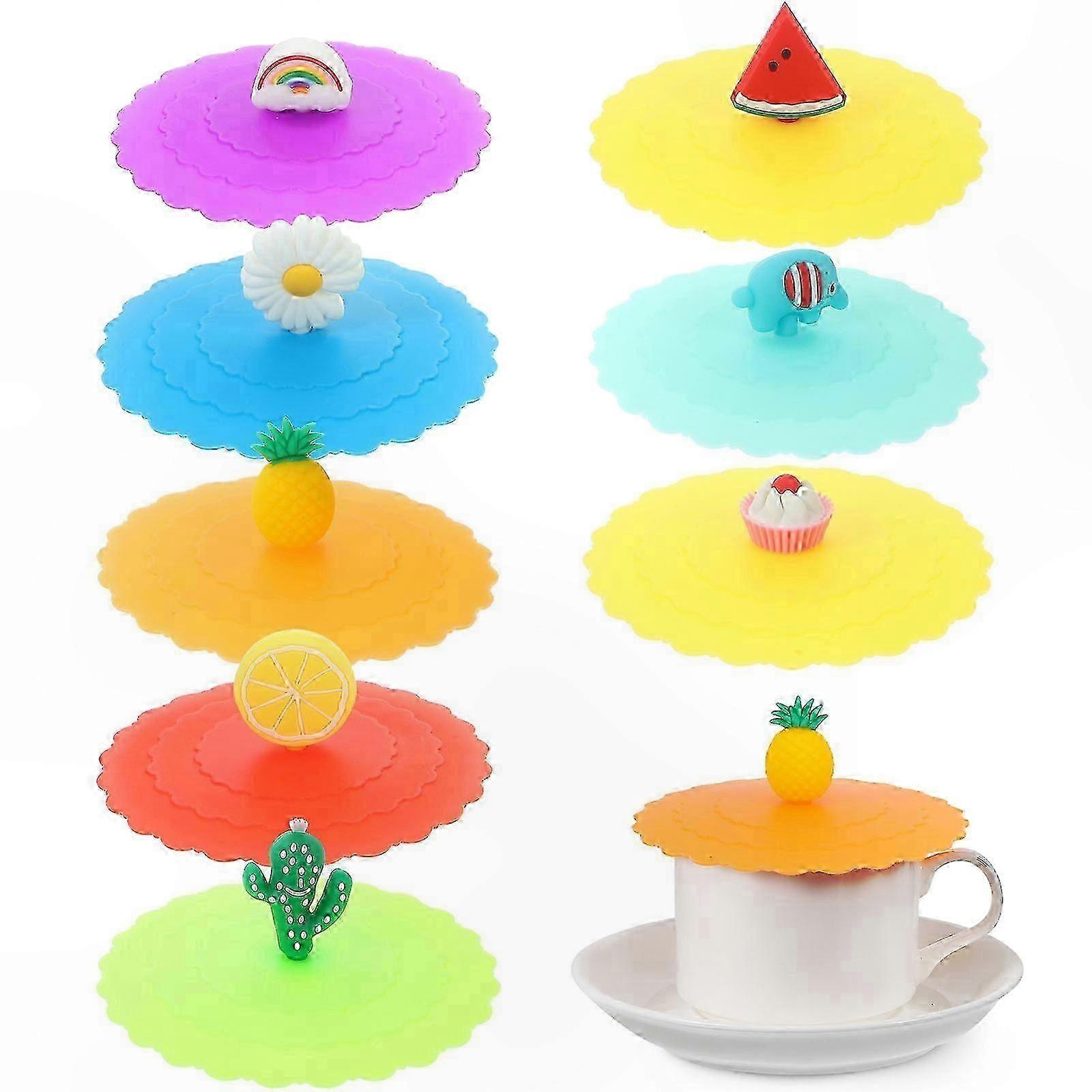 Set Mit 8 Universellen Silikon-becherdeckeln In Cartoon-form, Staubdichter Becherschutz, Wiederverwendbar Und Flexibel