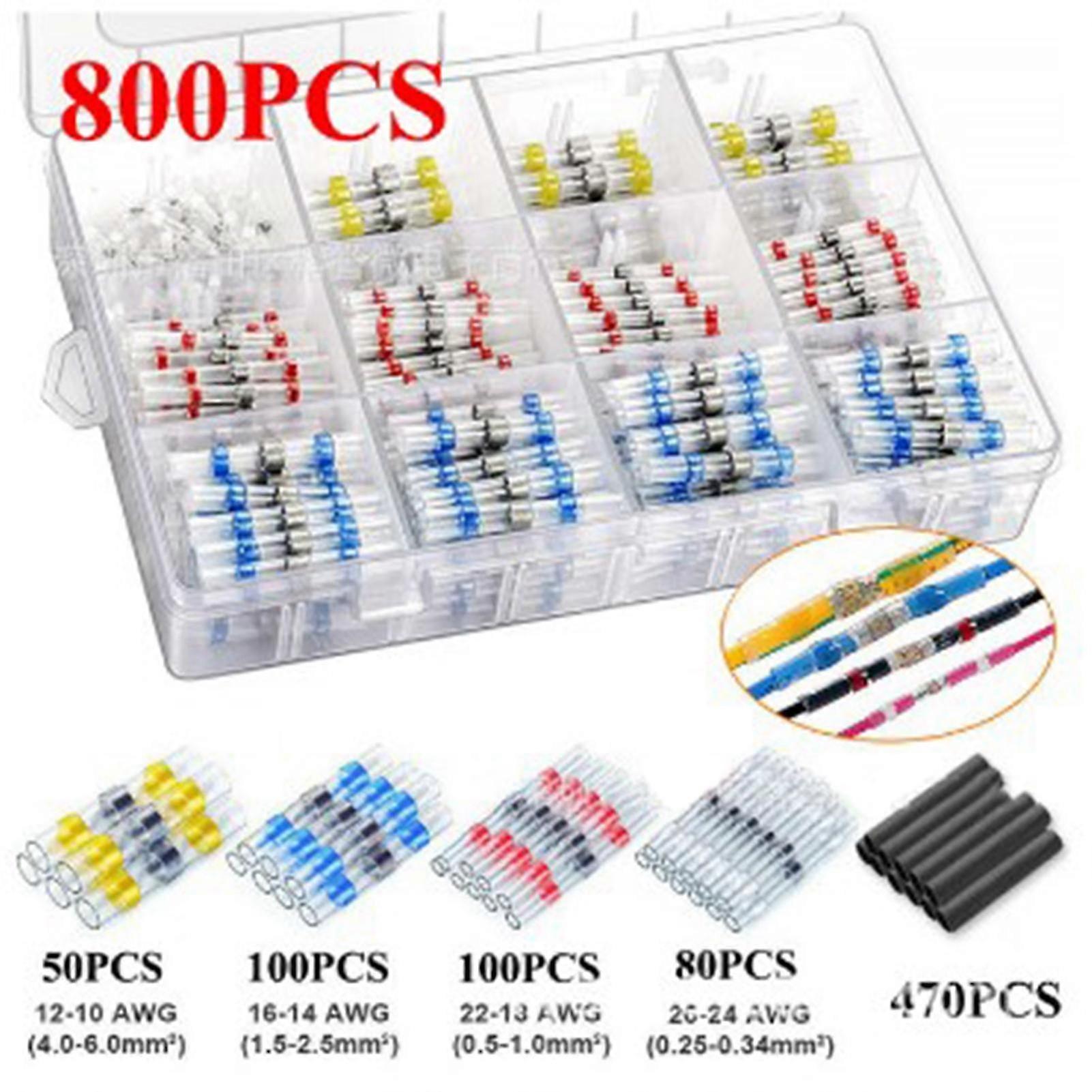 Set Mit 800 Wärmeschrumpfbaren, Wasserdichten Crimpverbindern, Isolierten Lötringen, Sortiment: 70 Weiße, 80 Rote, 80 Blaue, 80 Gelbe, 535 Schläuche.