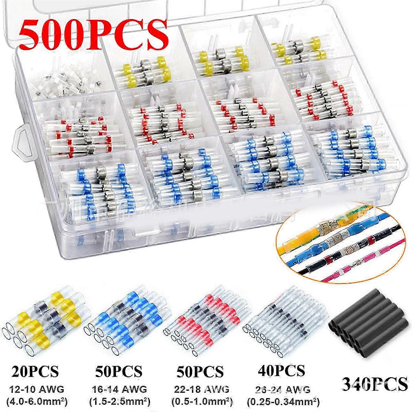 Packung Mit 500 Wärmeschrumpfbaren, Wasserdichten Crimpverbindern, Isolierten Lötringen, Sortiment: 40 Weiße, 50 Rote, 50 Blaue, 20 Gelbe, 340 Hülsen.