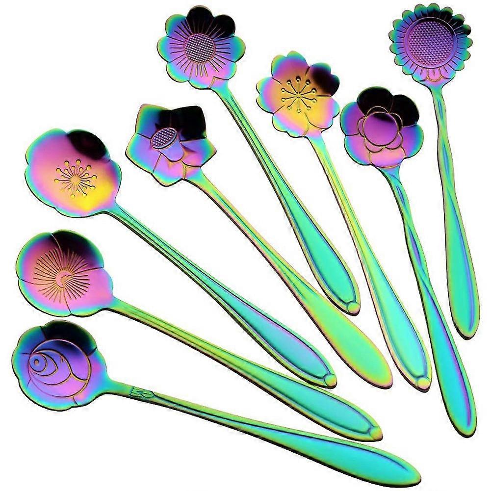 Set Mit 8 Blumenlöffeln, Wiederverwendbare Teelöffel Aus Edelstahl 410, Rührlöffel, Kaffeelöffel, Teegeschirr (länge: 12,5 Cm, Regenbogenfarben)