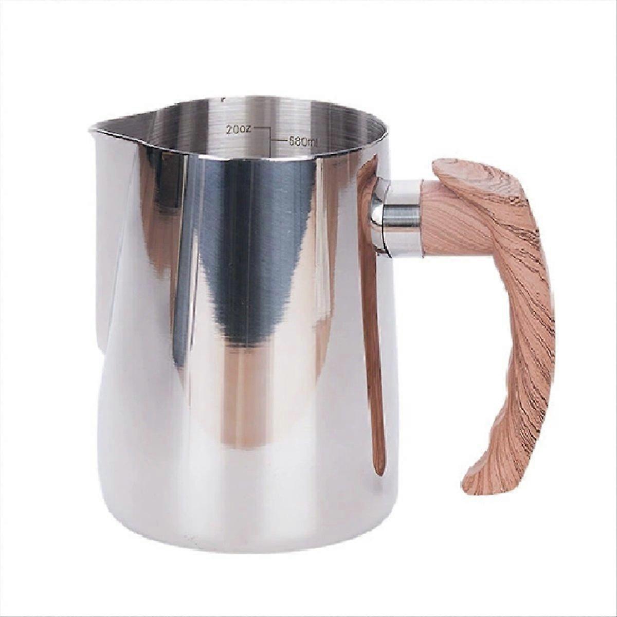 600-ml-espressomilchkännchen Mit Geädertem Holzgriff, Espressotasse, Cappuccinokännchen, Silbernes Sahnekännchen