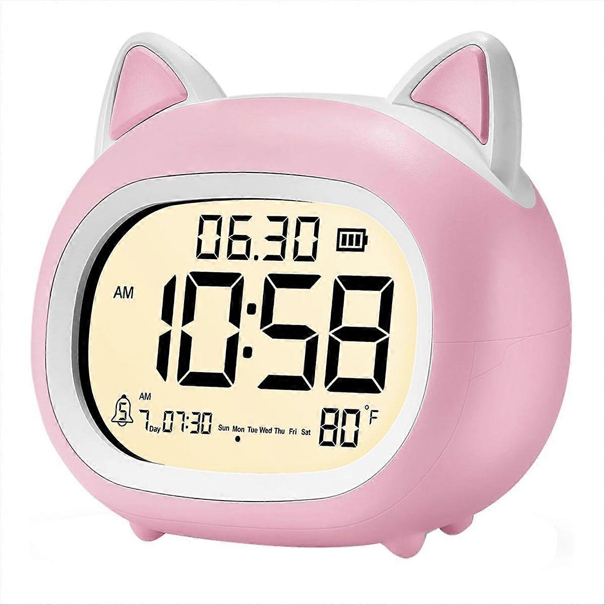 Kinderwecker Mit Nachtlicht, Digitaler Wecker Fürs Schlafzimmer, Rhythmushilfe, Niedlicher Rosa Katzenwecker