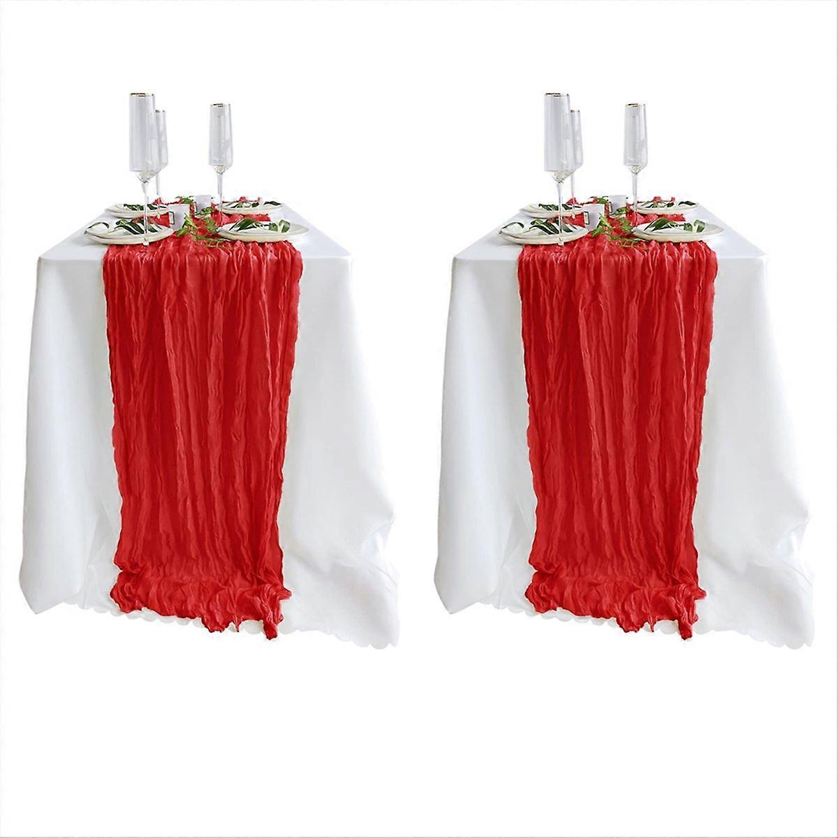 Set Aus 2 Roten Tischläufern Aus Gaze (3 M) - Rustikale Dekoration Für Hochzeiten, Babypartys Und Familienfeiern.