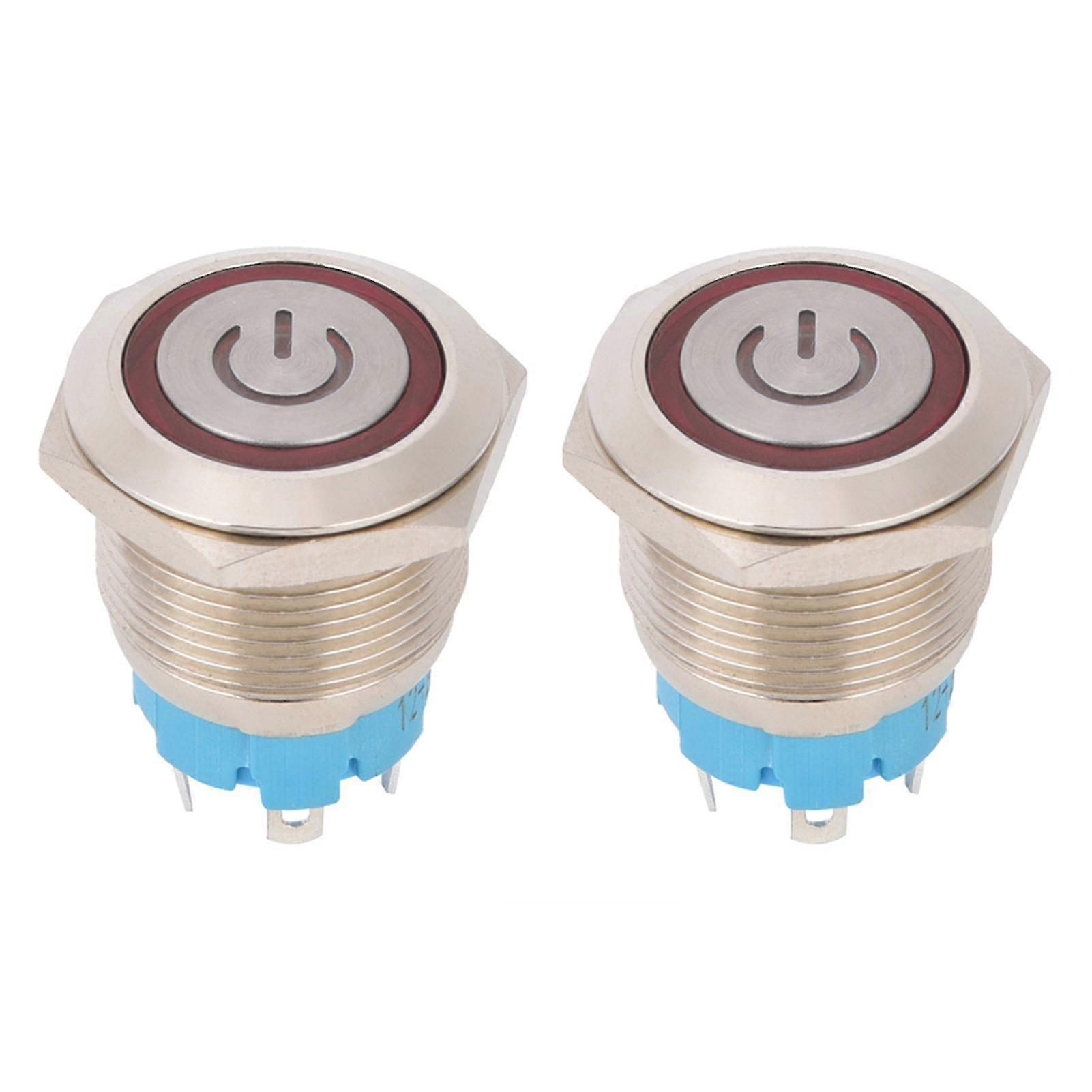 19-mm-drucktaster, Edelstahlgehäuse, Runder Flachkopf, 4 Pins, 2 Stück, Schutzart Ip65, 12–24 V Dc, Rot, Mit Integrierter Kontrollleuchte
