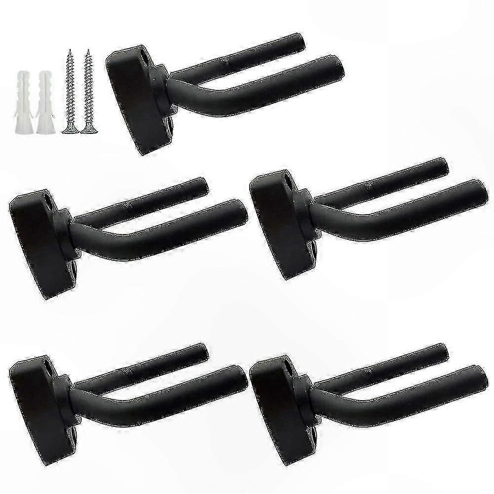 Schwarze, An Der Wand Montierte Gitarrenhalterung Mit Schrauben, Geeignet Zur Präsentation Und Aufbewahrung Von Instrumenten.