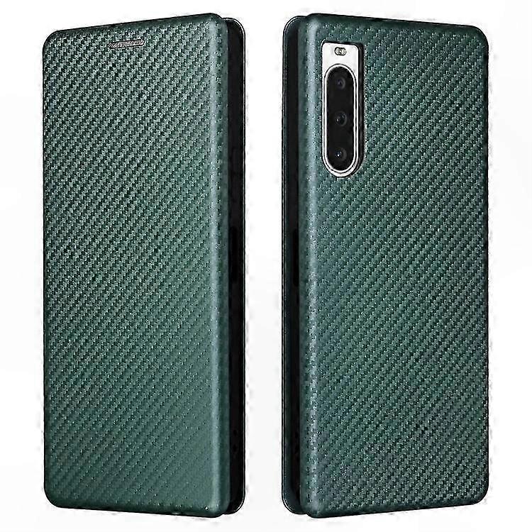 Handyhülle Mit Carbonfaser-textur, Ständer Und Kartenhalter Für Sony Xperia 10 V, Schlanke, Robuste Hülle, Ständerfunktion, Integriertes Kartenfach, Stoßschutz, Elegantes Schwarzes Design, Praktisches