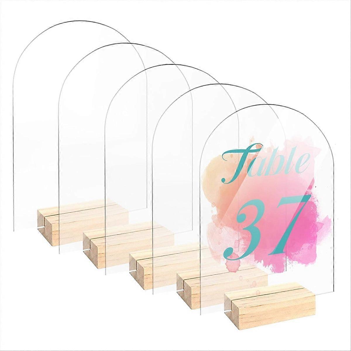 Set Aus 5 Leeren, Runden, Transparenten Acrylglasplatten In Bogenform (12,7 X 17,8 Cm) Mit Holzrückwand, Für Beschilderung Und Sitzgelegenheiten.