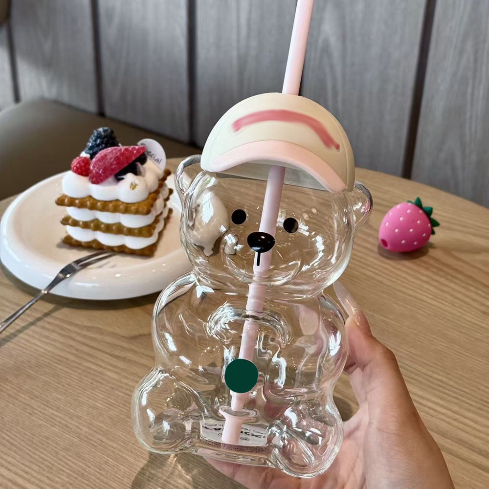 Klarer Glasbecher Mit Strohhalm, Wiederverwendbarer Becher Mit Niedlichem Erdbeerbären-motiv, Trinkflasche Im Kawaii-design Für Zuhause, Büro Und Reisen