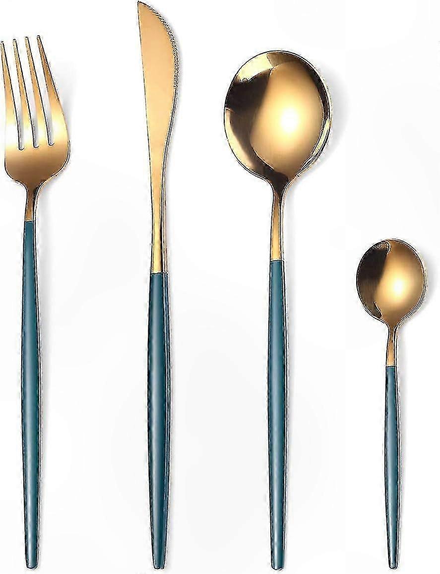 Gold-grünes Edelstahl-besteckset, 4-teilig Mit Gabel Und Löffel, Elegantes Geschirr
