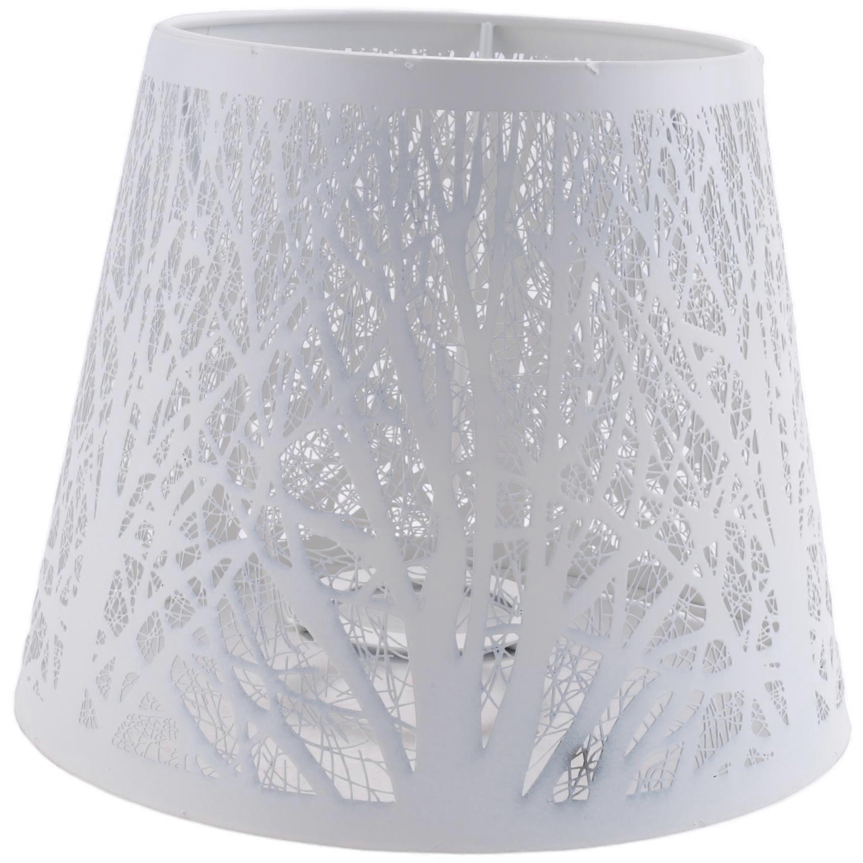 Kleiner Zylindrischer Lampenschirm Aus Weißem Metall Mit Baummotiv Für Tischlampe, Kronleuchter Oder Wandleuchte.