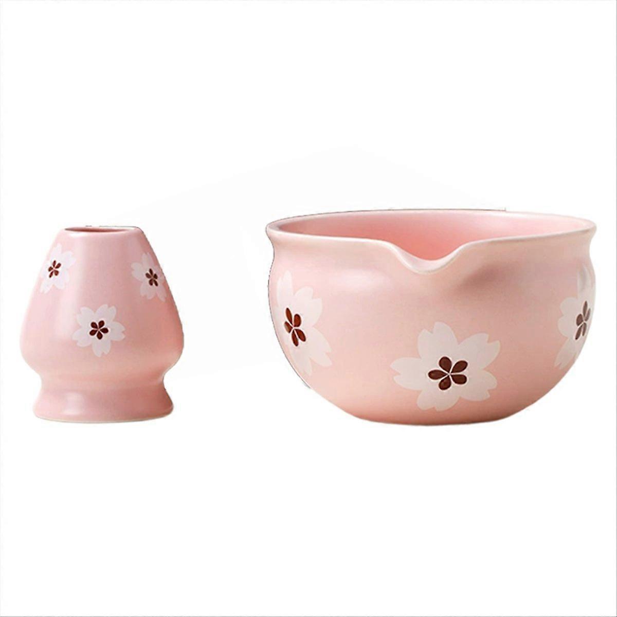 Set Aus 2 Traditionellen Japanischen Matcha-schalen Und Einem Besenhalter, Ideal Für Teezeremonien Oder Als Geschenk. Weiße Blüten.