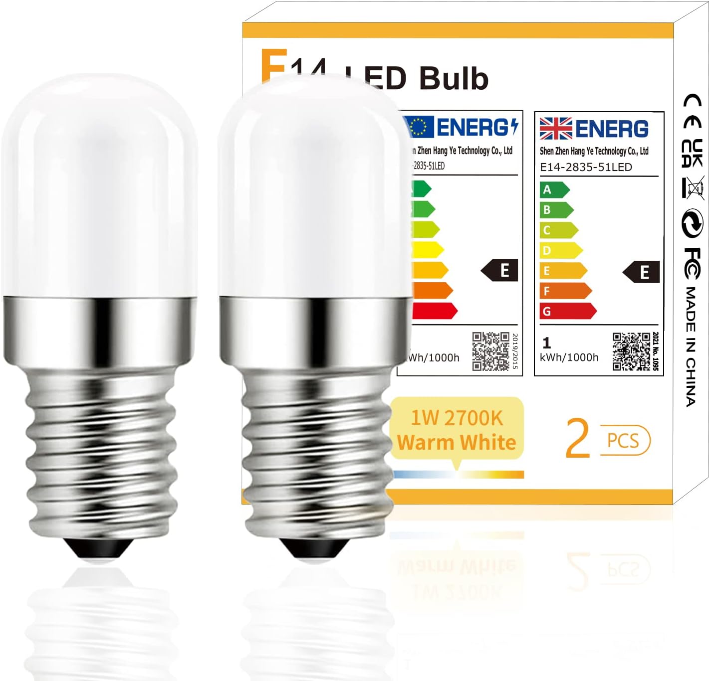 E14 Led-lampe, Warmweiß (2700 K), 1 W (entspricht 15 W), Nicht Dimmbar, Für Kühlschrank, Salzkristalllampe, Nähmaschine, 2er-pack