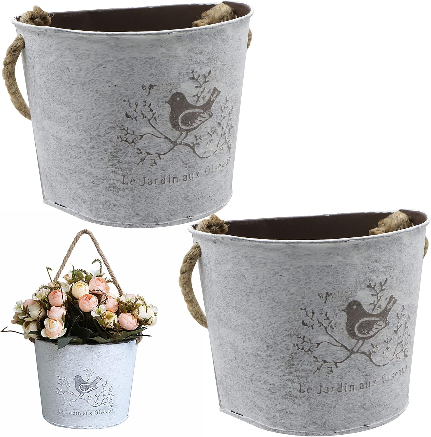 Halbkreisförmiger Wandpflanzkasten – 2er-set – Verzinktes Eisen Im Retro-stil – Für Drinnen Und Draußen – Für Sukkulenten Und Kräuter – Weiß Und Braun, 18 X 14 X 11 Cm