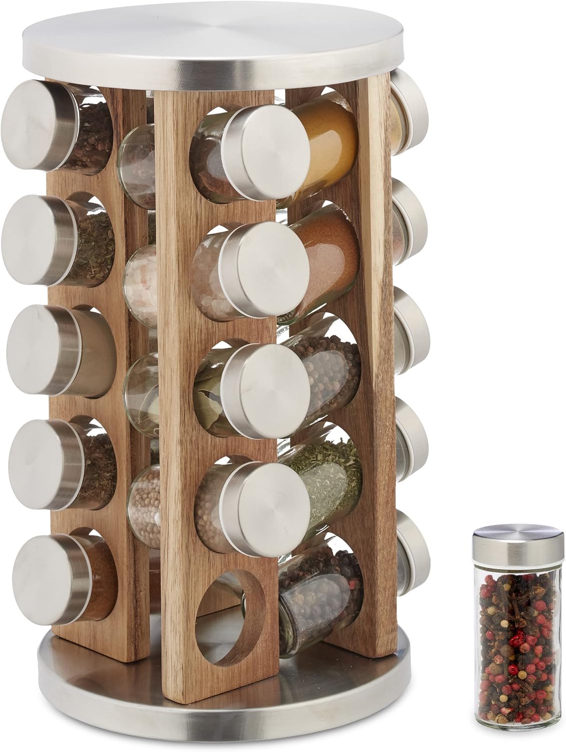 Gewürzregal Mit 20 Gläsern – Edelstahl Und Holz – 360° Drehbar – Praktische Küchenaufbewahrung – 34 X 19,5 Cm