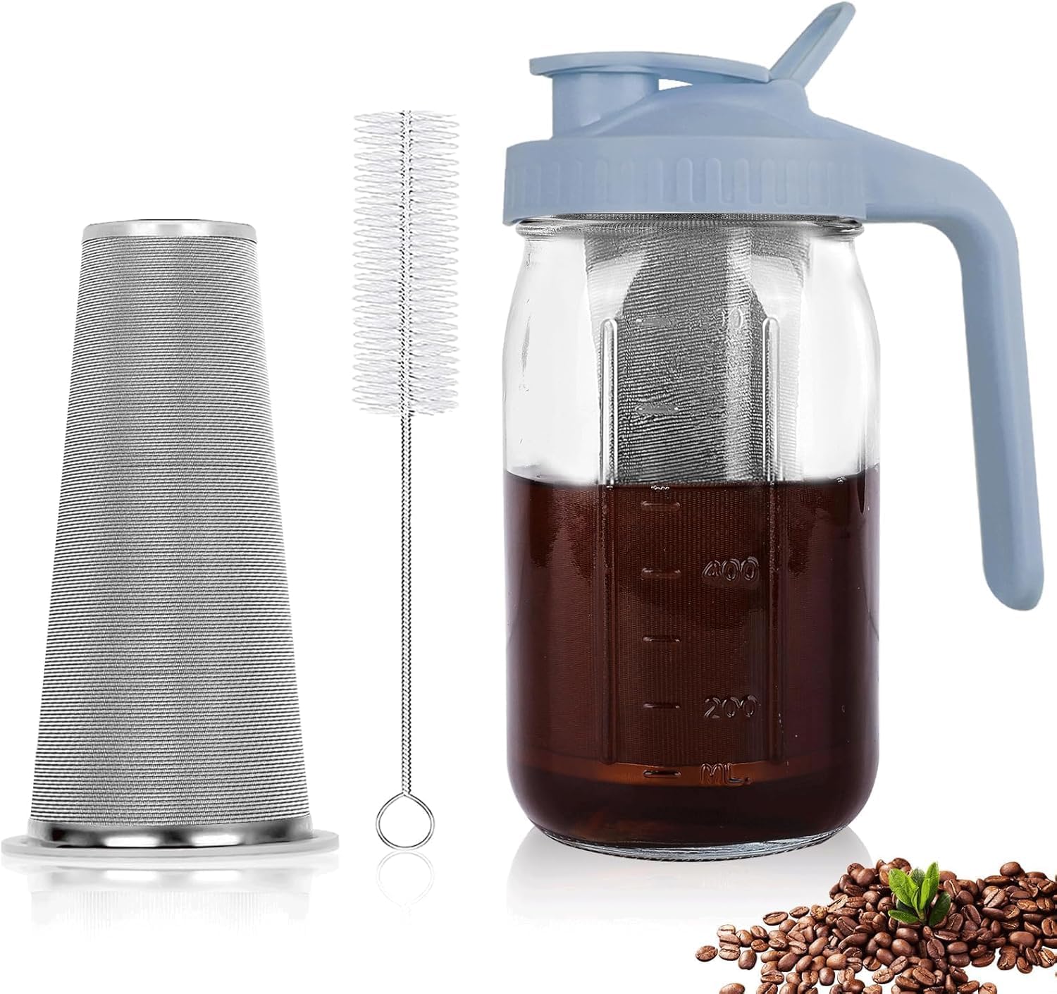 Kaffeemaschine Für Kaltbrühkaffee, 1,8 L – Glas Und Edelstahl – 160-mikron-filter – Für Kaffee Und Kalten Tee – Grau