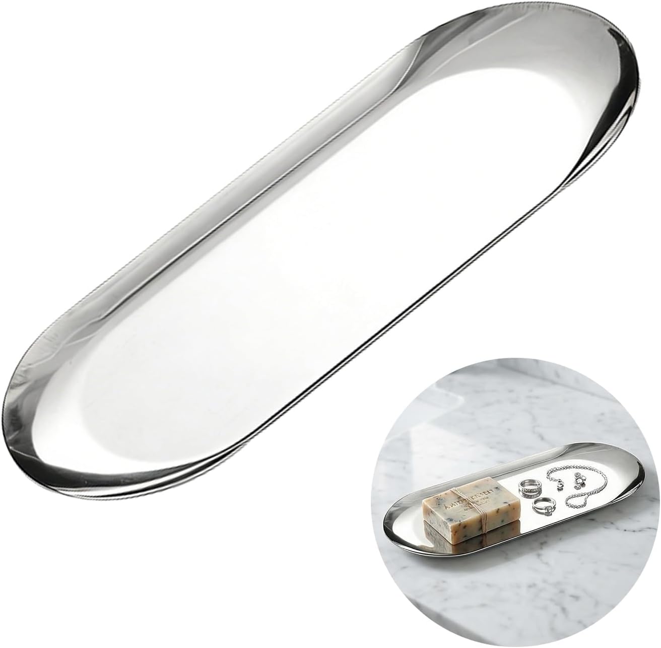 Ovales Tablett – 1 Stück – Edelstahl – Aufbewahrung Und Dekoration – Küche, Bad, Wohnzimmer – 30 Cm, Silber