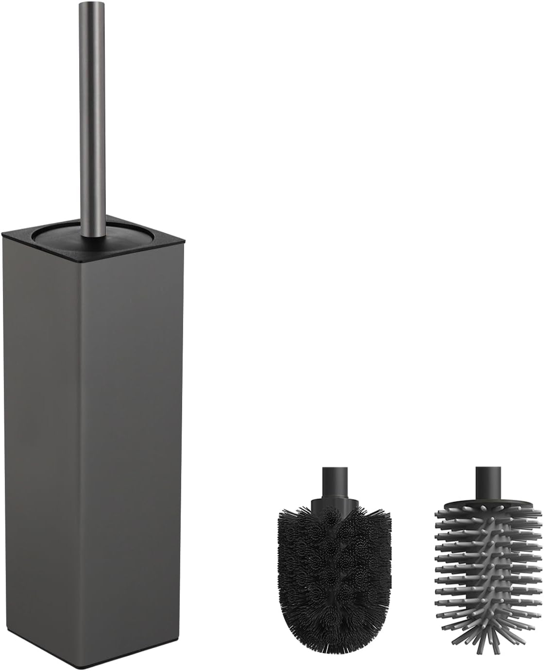 Quadratisches Wc-bürstenset – 2 Bürstenköpfe – Graues Aluminium – Stabiler, Freistehender Halter – Für Moderne Badezimmer – Kompaktes Design