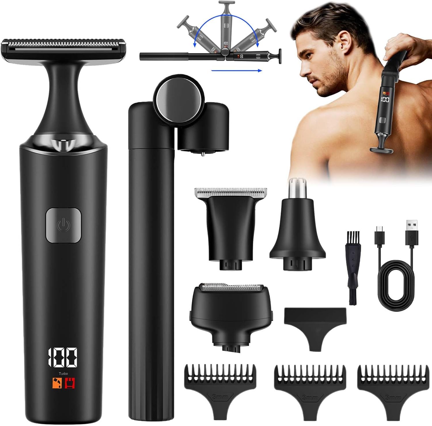 5-in-1 Herren-körperrasierer – Ipx6 Wasserdichtes Rückentrimmer-set – 180° Verstellbarer, Ausziehbarer Griff – Usb-aufladbar – Led-display – Für Rücken, Brust Und Schultern