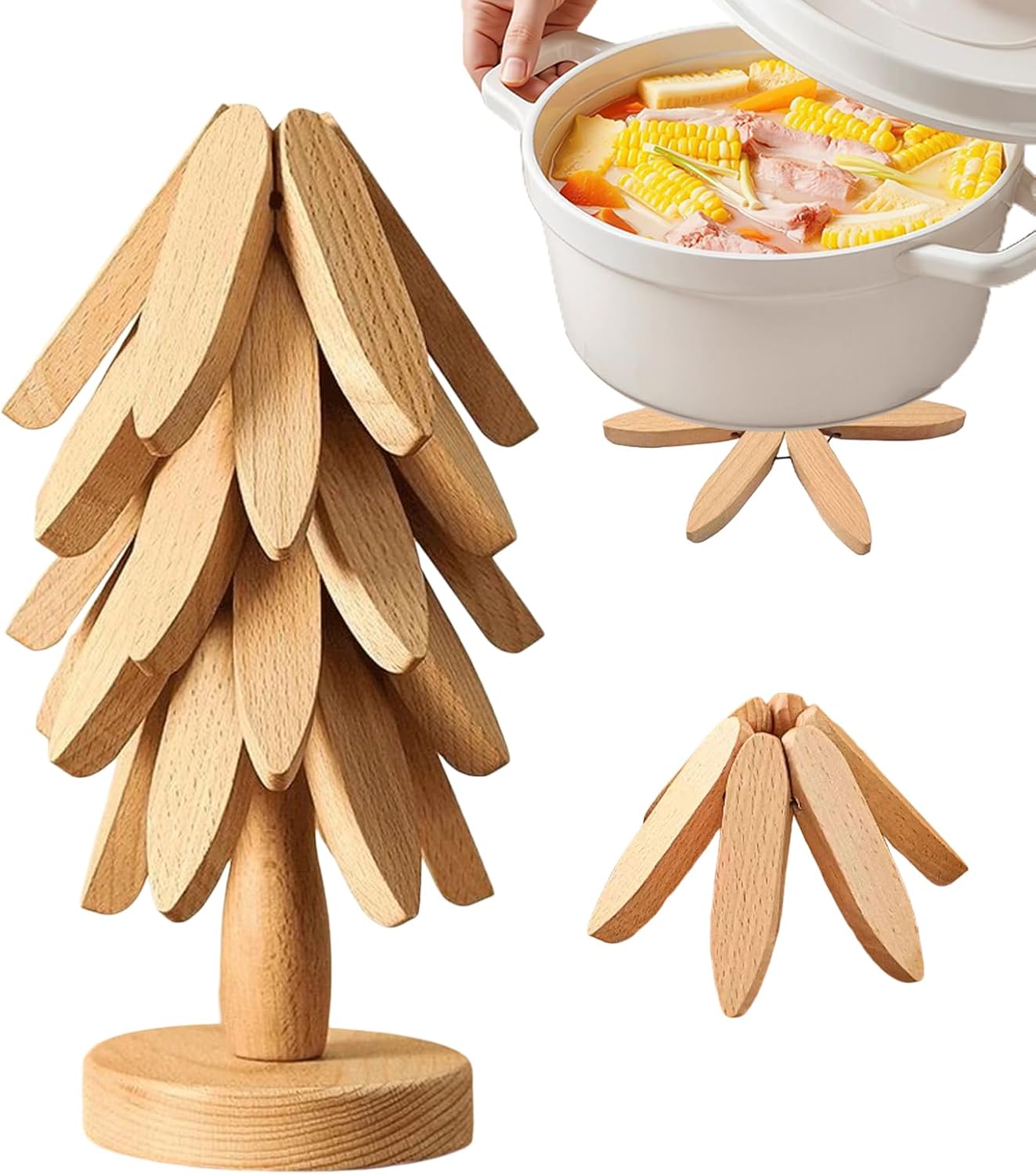 Set Hitzebeständiger Holzuntersetzer Mit 1 Ständer, Hitzebeständiges Holzuntersetzer-set Für Töpfe, Pfannen, Schüsseln, Teller, Teekannen
