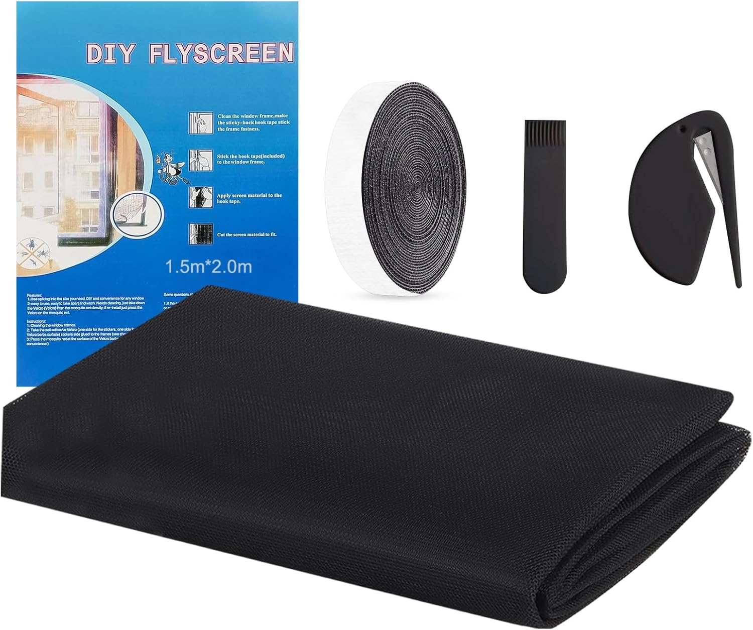 Fenster-moskitonetz – 150 X 200 Cm – Schwarzes Polyester – Kein Bohren Erforderlich – Selbstklebend – Insektenschutz