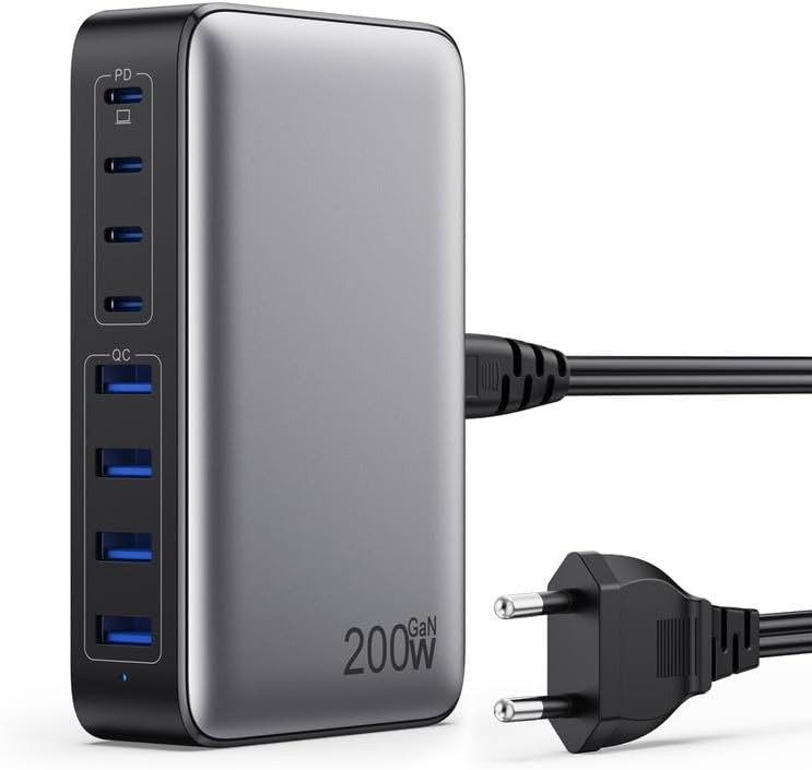 8-port-usb-c-ladegerät – 1 Stück – Gan Iii – 200 W Schnellladefunktion (pd/qc) – Laptop, Mobilgerät, Desktop – Schwarz