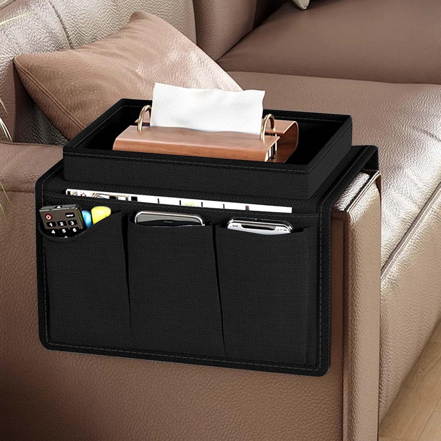 Sofa-armlehnen-organizer – 5 Taschen – Schwarzer Oxford-stoff – Mit Stabilem Tablett – Für Wohnzimmer Und Büro