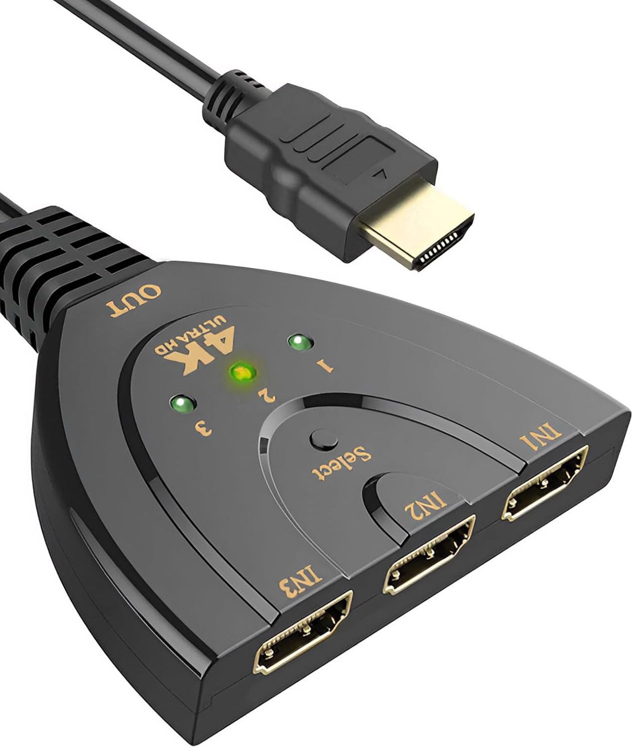 4k Hdmi-switch – 1 Stück – Schwarzer Kunststoff – 3 Eingänge, 1 Ausgang Uhd Hdr – Für Fernseher, Konsole, Pc, Projektor – Mit Integriertem Kabel