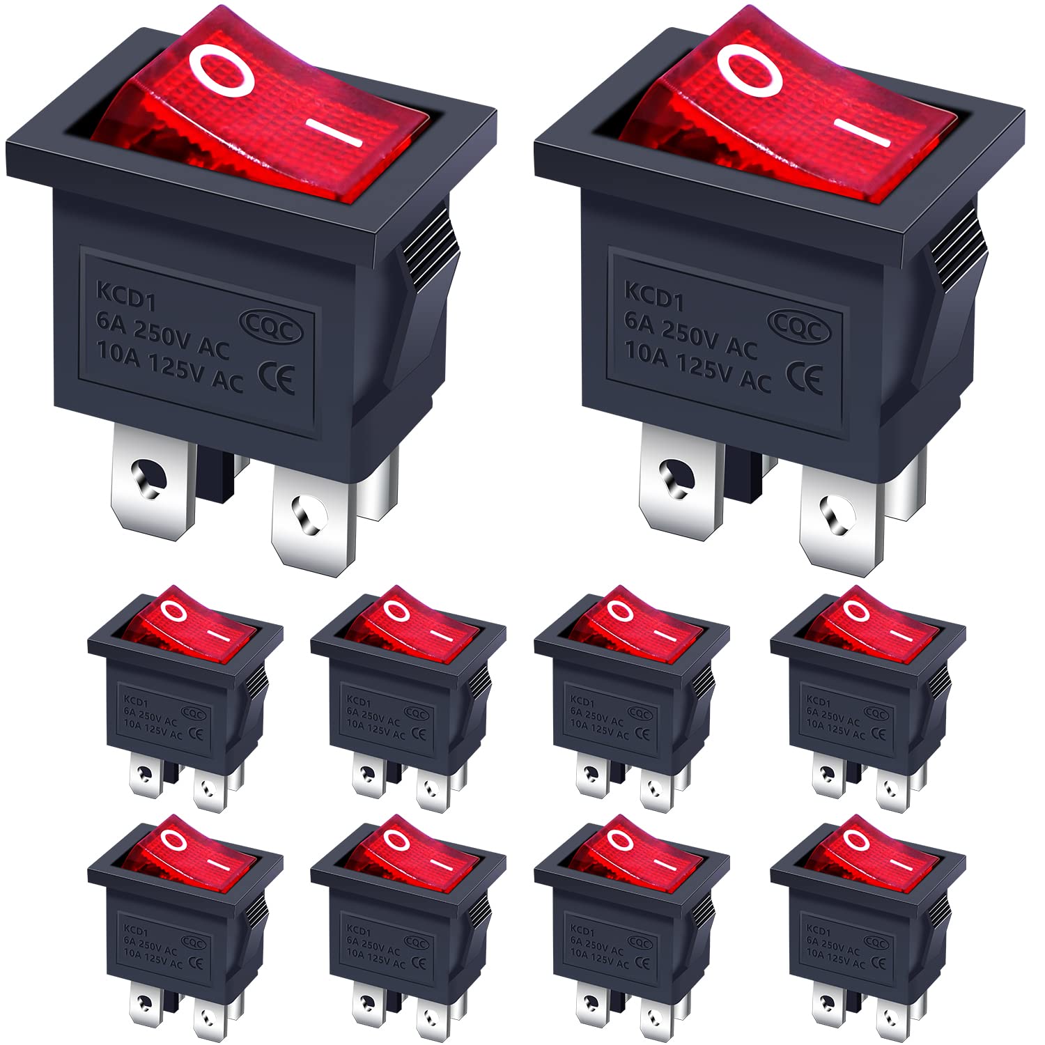 Wippschalter – 10 Stück – Nylon Und Messing – Rote Led, 6 A, 250 V – Auto Und Haushaltsgeräte – Schwarz
