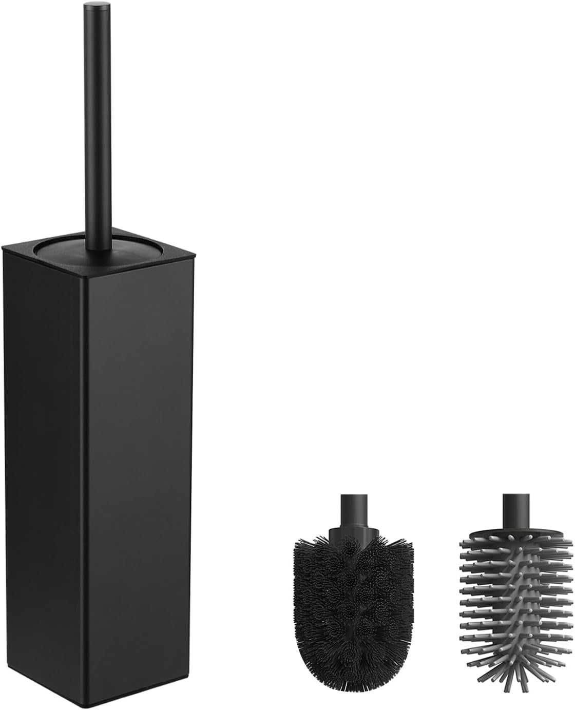 Schwarze Wc-bürste – 1 Set Mit 2 Bürstenköpfen – Robustes Aluminium – Quadratischer, Freistehender Halter – Für Moderne Badezimmer – Mattschwarz