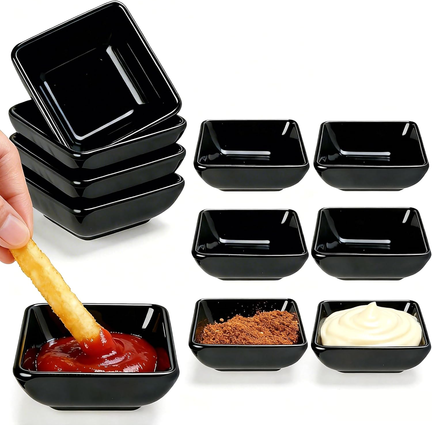 Set Mit 10 Quadratischen Saucenschalen – Schwarzes Melamin – Stapelbar Und Bruchfest – Für Sushi, Grillgerichte Und Vorspeisen – 7,5 X 7,5 X 3 Cm