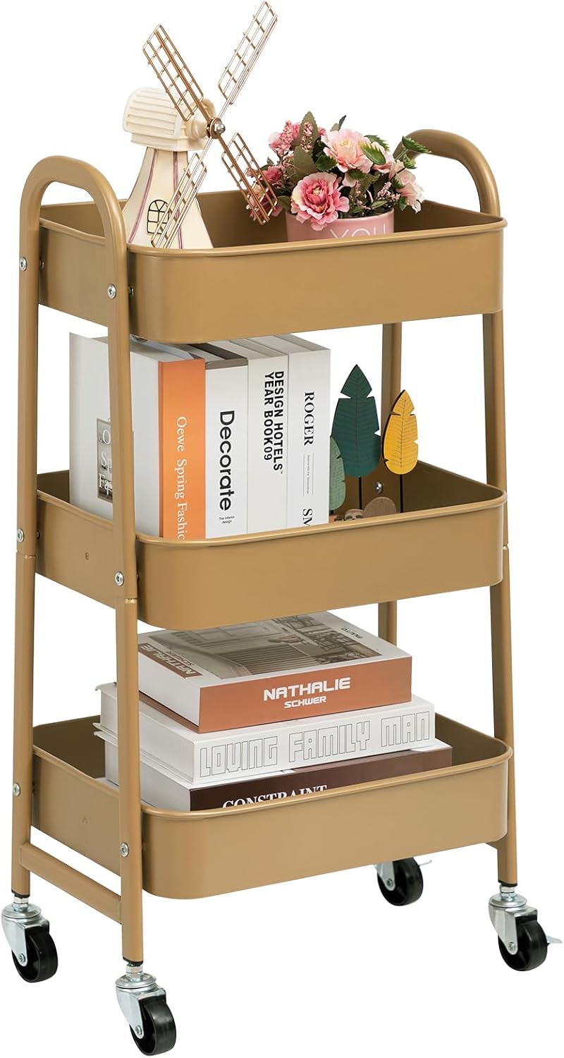 Metall-servierwagen – 1 Stück – Goldfarbener Stahl – 3 Verstellbare Ablagen – Küche, Bad, Büro – 40 X 30 X 70 Cm