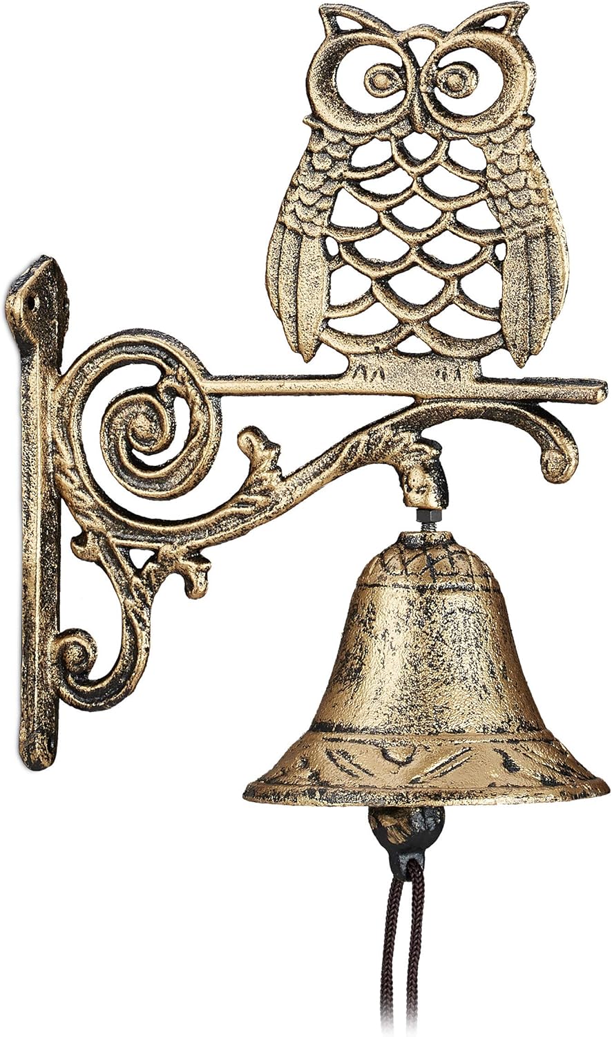 Wandglocke Aus Gusseisen – 1 Stück – Antikgold-stil – Eulenmotiv Mit Seil – Für Eingangsbereich Und Garten – 26,5 X 19 X 11 Cm