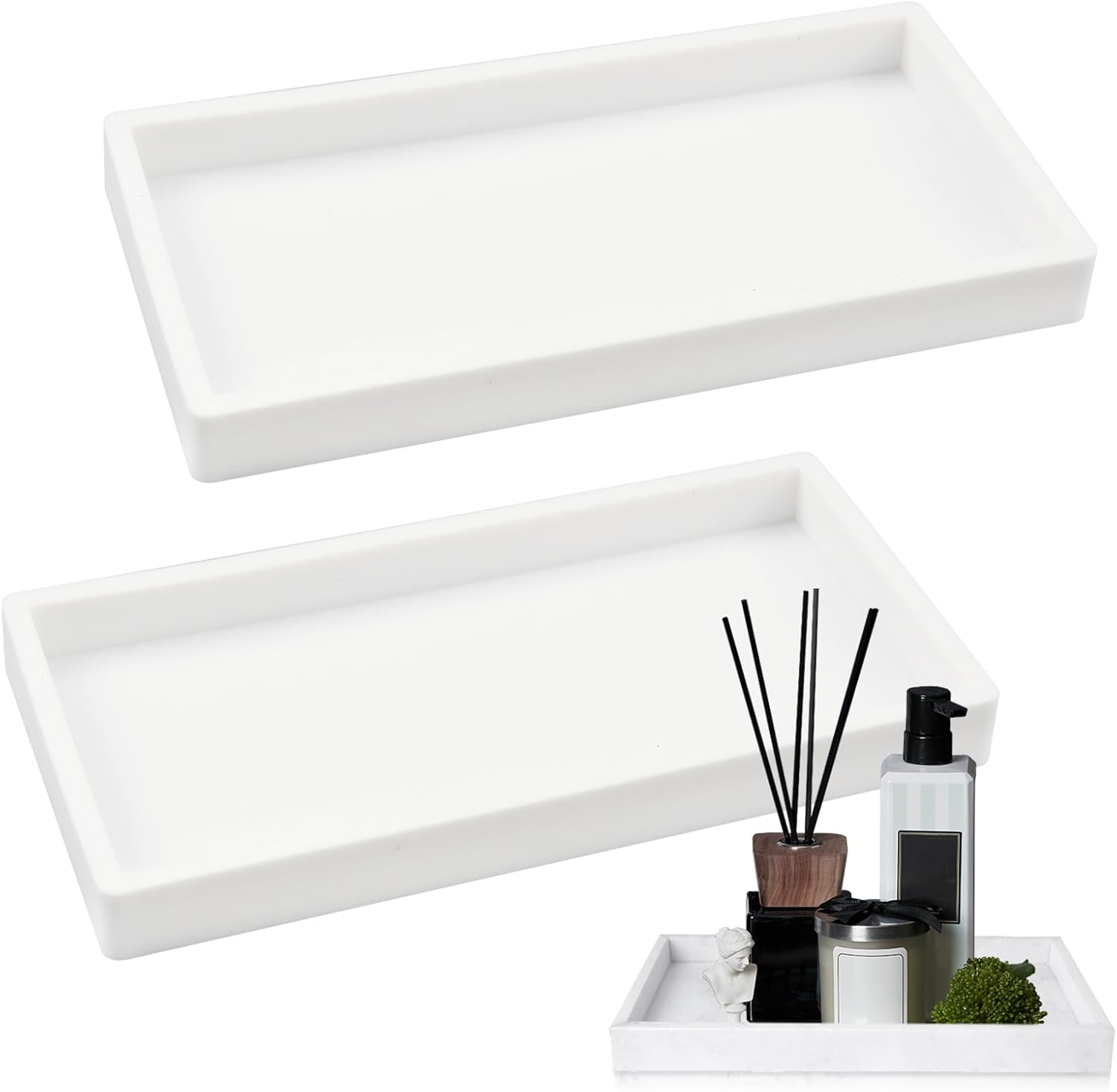 2-teiliges Weißes Rechteckiges Tablett-set, Dekorativer Badezimmer-organizer Zur Ordentlichen Aufbewahrung Von Parfums, Shampoo, Lotionflaschen Und Make-up