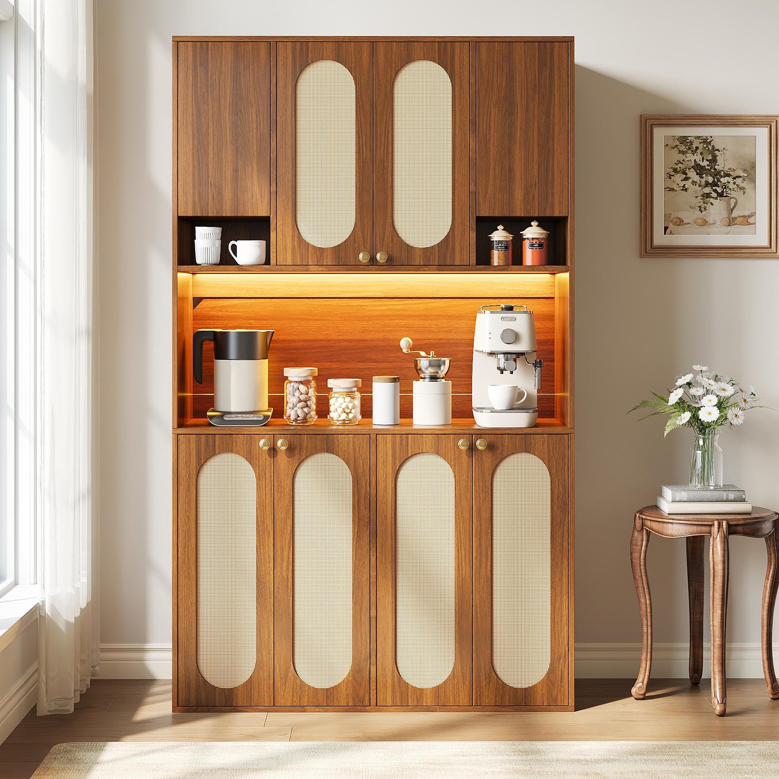 Küchenhochschrank 106x40x178 Cm, Mit Einstellbarer Led-beleuchtung Und Vitrinenbereich, Aufbewahrungsschrank Aus Mdf Und Pe-rattan Mit 8 Türen, Natur