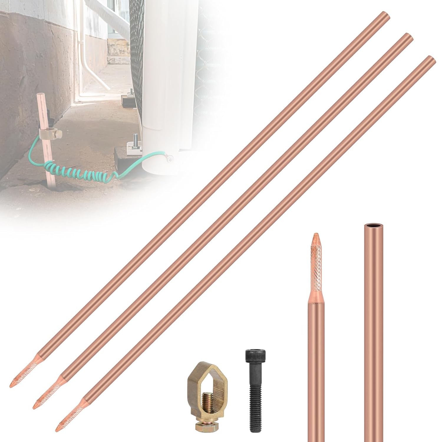 X 1 M Erdungsstäbe, Φ14,2 Mm Kohlenstoffstahl, 0,2 Mm Rotkupferbeschichtung, Erdungsstab Mit Klemme Und Antriebsschraube